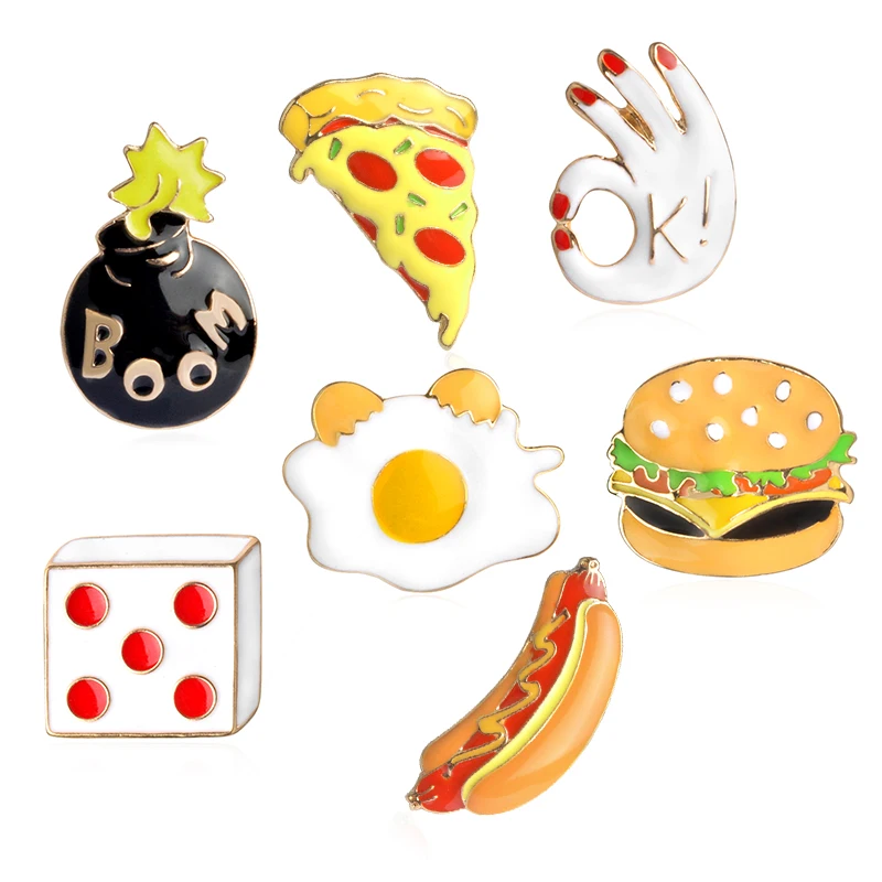 

10 PCS / LOT Pizza Hamburger Hot Dogs Poached Eggs Dice OK BOOM Brooch Denim Jeans Enamel Pin Buckle Shirt Badge Fashion