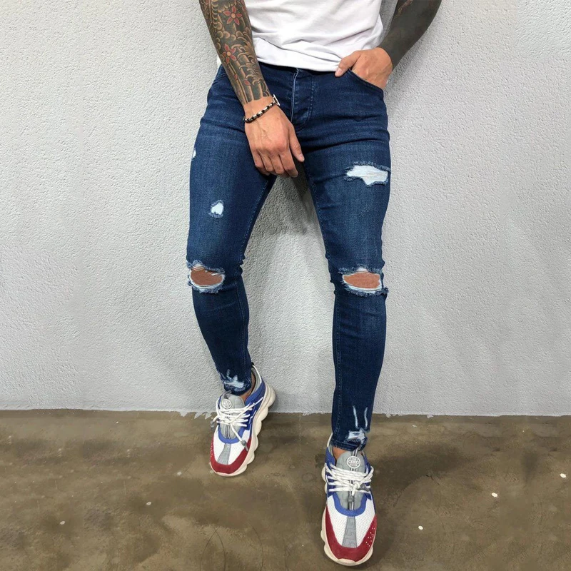 High quality new European and American men's ripped elastic skinny jeans torn trend pants student social casual men's pants