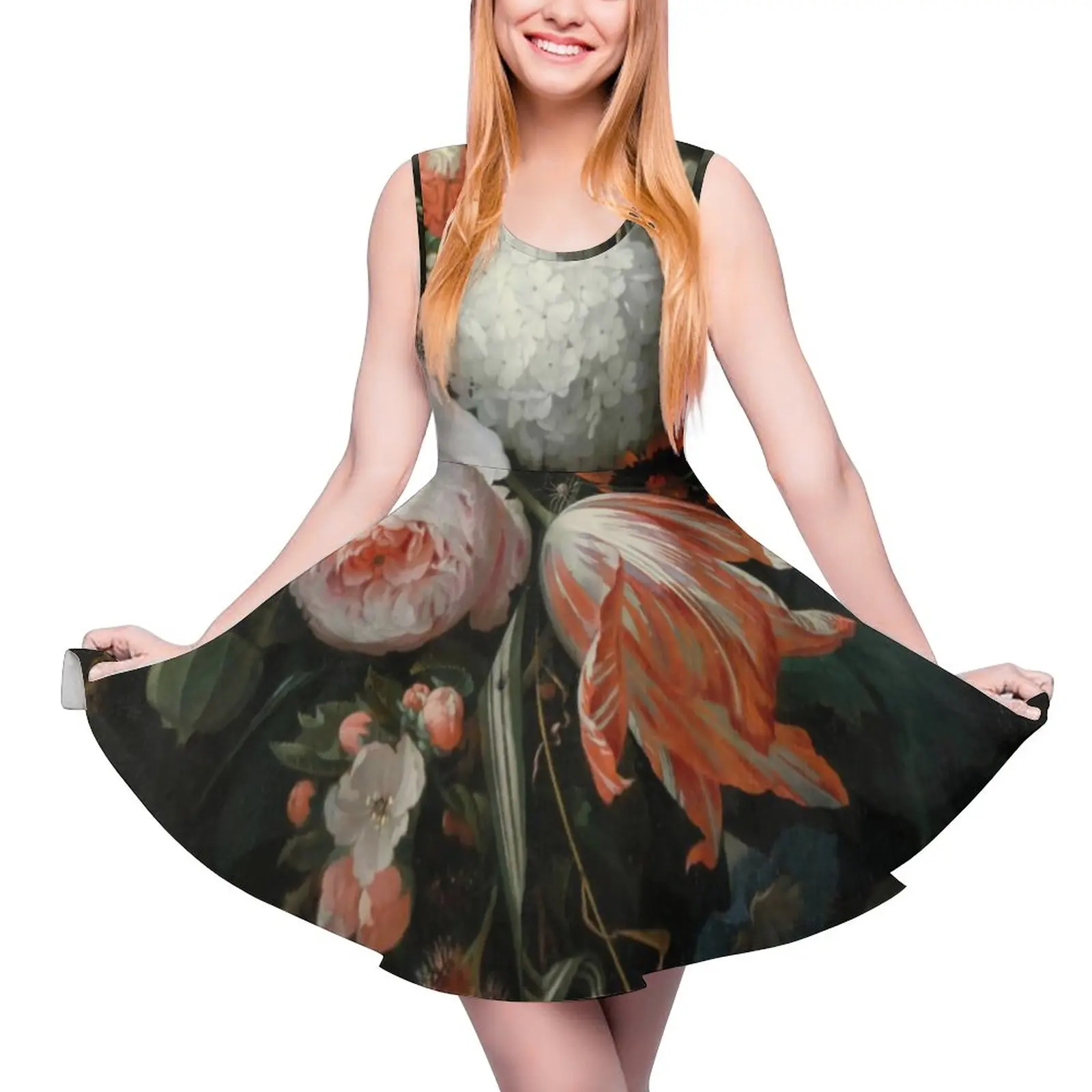 

Bouquet Of Flower Dress Colorful Floral Print Beach Dresses Sleeveless Casual Skate Dress Women Print Vestidos Gift Idea