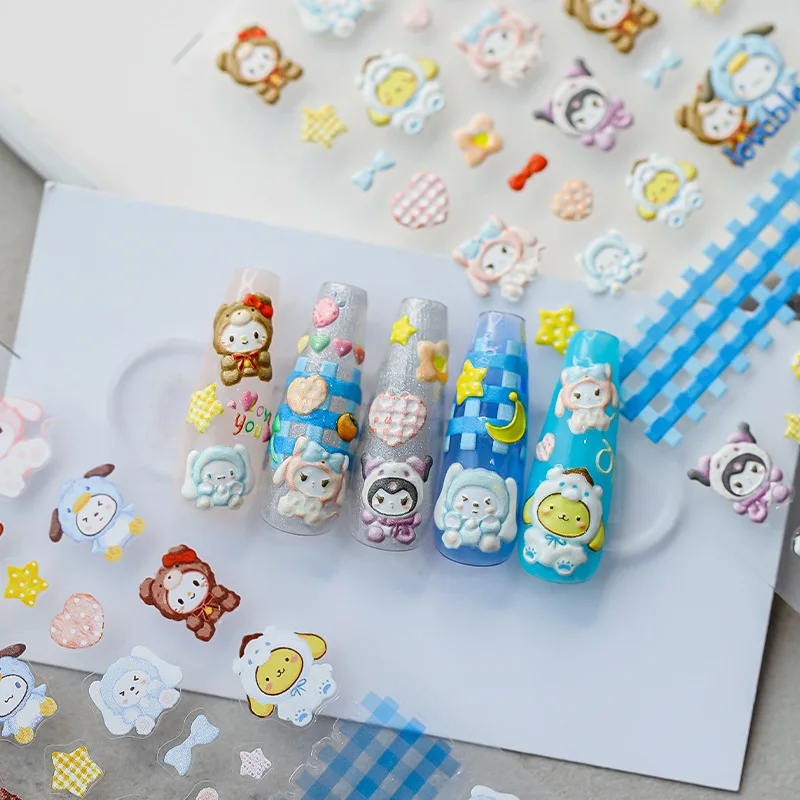 

Новинка, рельефные наклейки для ногтей Sanrio Kuromi My Melody Hello Kitty Cinnamoroll 5D, наклейки для ногтей для девочек, в форме сердца