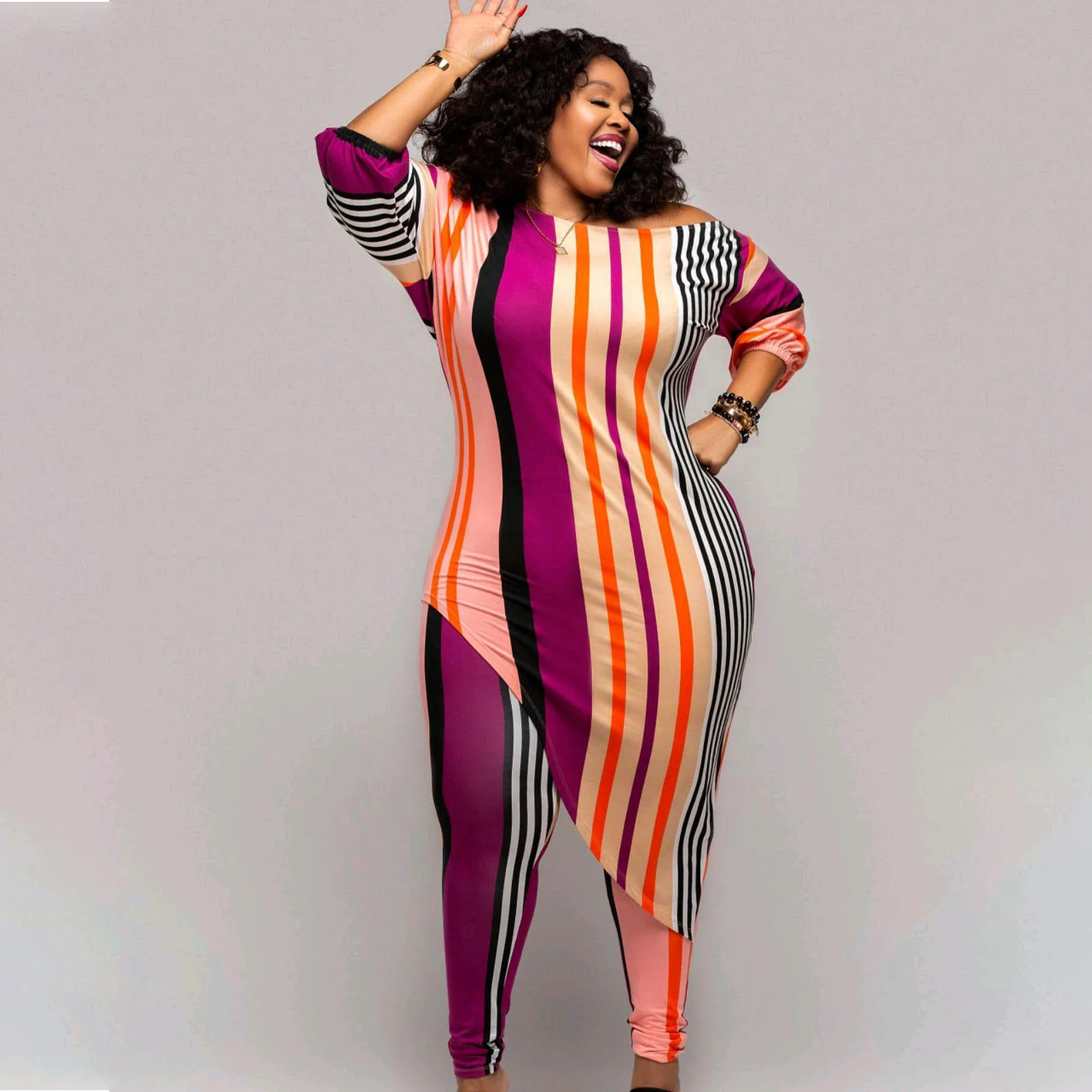 Plus Size Women Clothing Casual Fashion Printed Long Sleeve Color Vertical Stripe Two-piece Set Office Lady for Vestidos Long