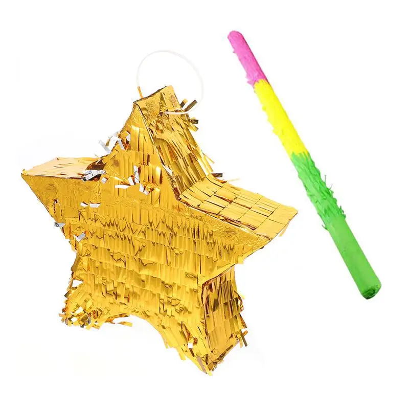 

Mexican Filled Plaything Pinata Golden Star Pinata Party Fiesta Pinata Traditional Star Shaped Pinata Handmade Pinata with Stick