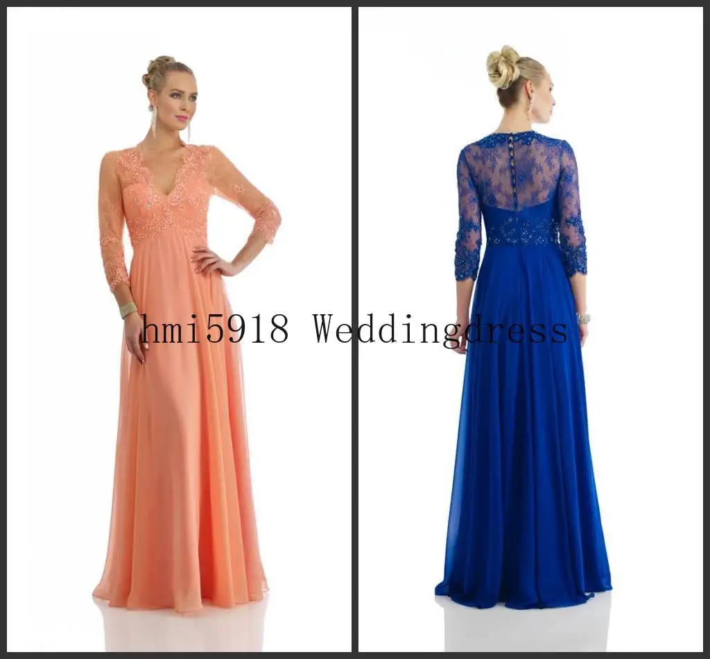 

Collection Mother of The Bride Dresses Beads V-neck 3/4 Long Sleeve Floor Length Zipper Custom Made High Quality