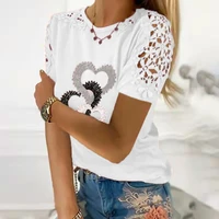 womens top t shirt 2022 summer lace heart print round neck short sleeve tees shirt loose casual hollow out pullover shirt women