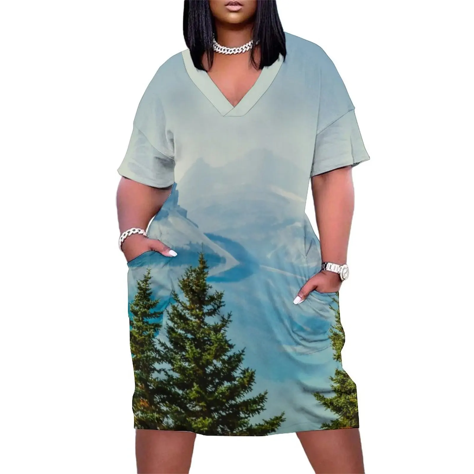 Winter Mountains Dress Short Sleeve Tree And Lake Print Aesthetic Dresses Summer Cute Casual Dress Female Plus Size Vestidos
