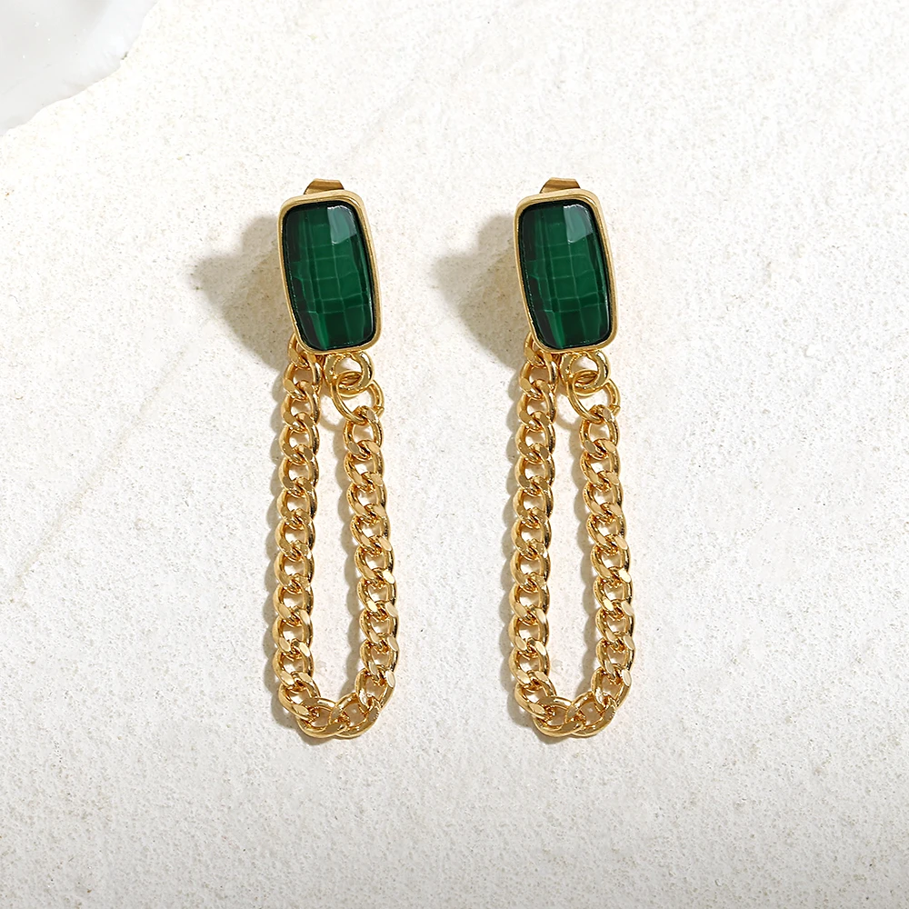 

Double Side Emerald Rectangle CZ Stone Cuban Chain Earrings for Women Temperament Drop Earring Luxury Wedding Jewelry Gift