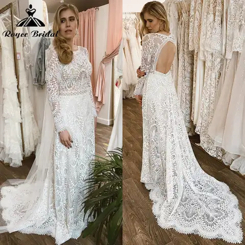 Boho O Neck Long Cap Sleeve Sexy Open Back Lace Mermaid Wedding Dress Beach Bridal Gowns Sweep Robe De Mariée Vestidos De Novia
