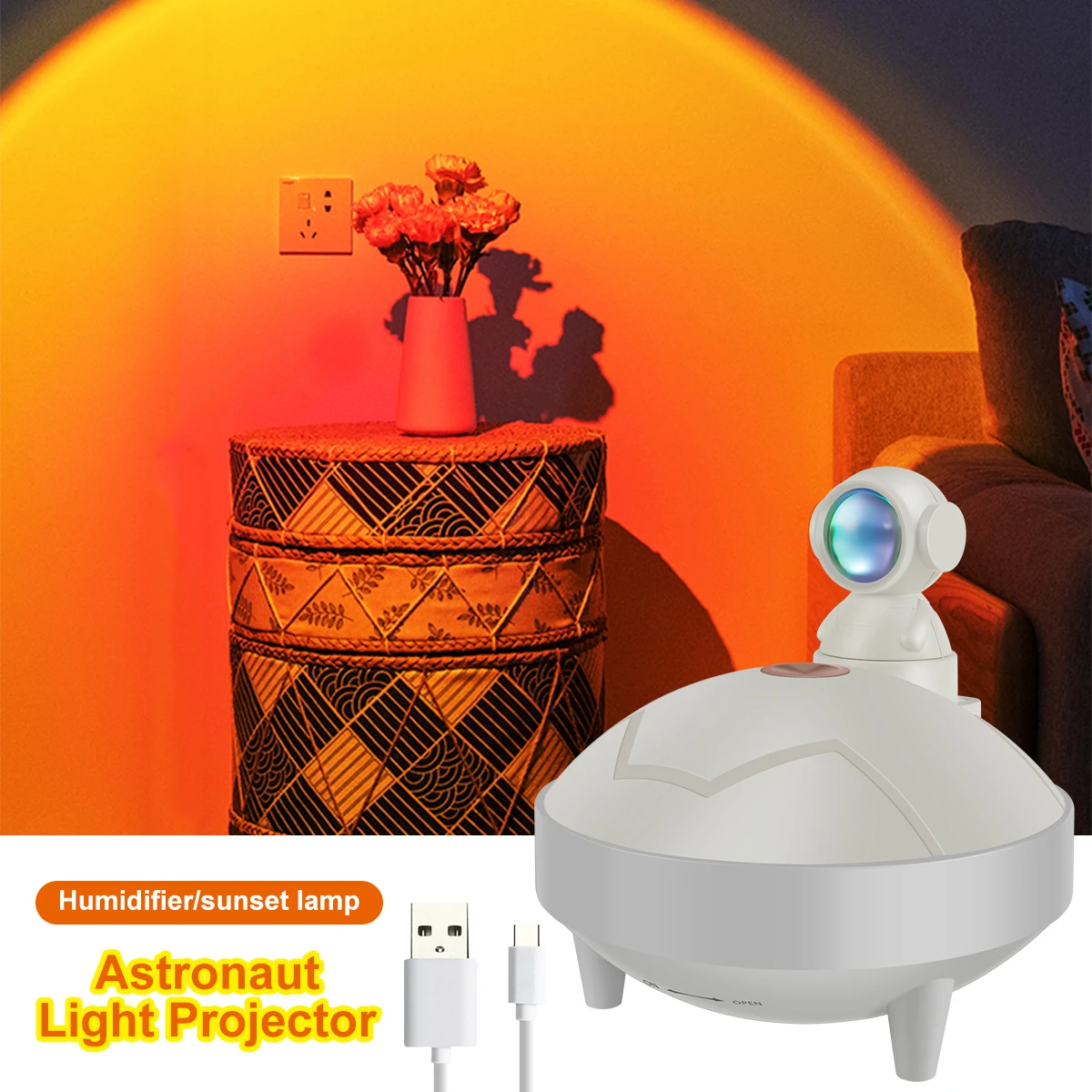 

Проекционная лампа с увлажнителем для астронавта, вращающаяся на 360 ° лампа с 2 режимами распыления и USB-зарядкой