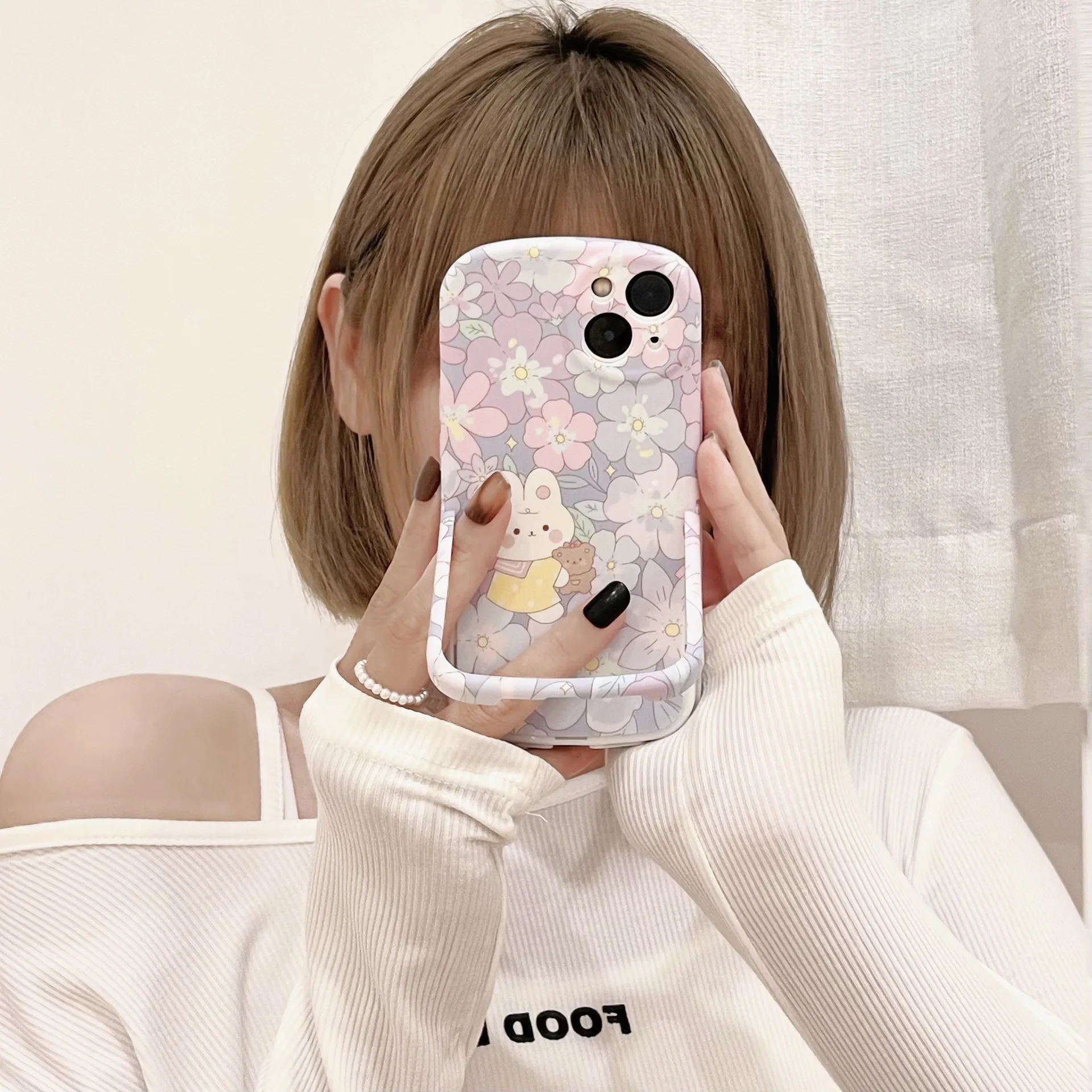 

Ins Cute Purple Flowers Rabbit For iphone 13 12 11 Pro X XR XS Max 8 7 Plus SE 2020 Liquid Bracket Phone Case Cover With Stand