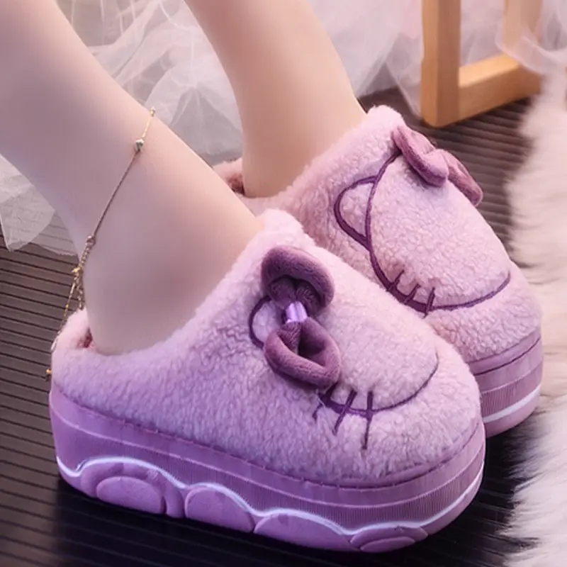 

Fashion Girls Kawaii Cat Slippers with Bowite High Platform Small Girl Increaing Height shoes Indoor Short Plush Warm Slippers