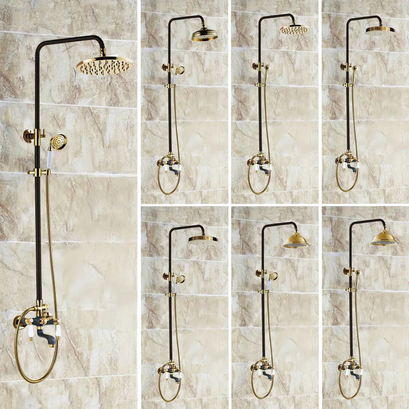 

Gold & Black Oil Rubbed Brass Wall Mounted Bathroom Dual Handles 8" Inch Rain Shower Head Faucet Set Bath Tub Mixer Tap azh404
