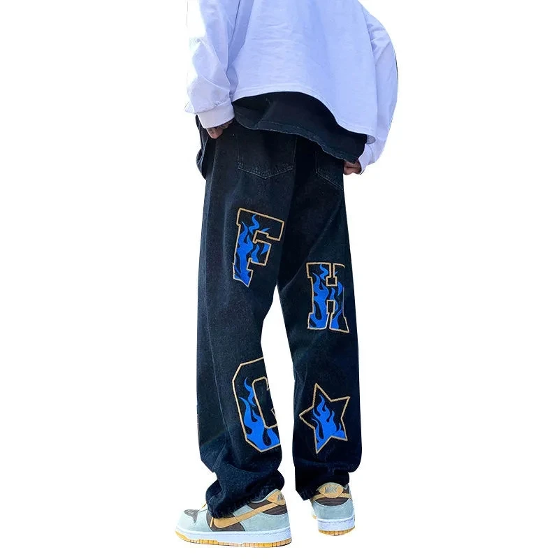 Korean Fashion Street Letters Printed Jeans Male High Street Object Easy Feeling Restoring Ancient Ways Straight Trousers Unisex