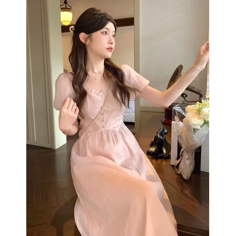 

WDMSNA French V-neck Vestidos Elegantes Para Mujer Slim Waist Temperament Summer Dress Women 2022 Puff Sleeve Long Robe