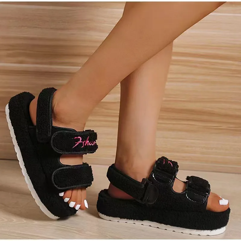 Plush Sandals for Women 2023 New Fashion Platform Shoes Retro Flat Fluffy Furry Casual Shoes Female Light Round Toe Sandalias