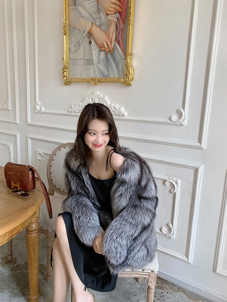Luxury Genuine Fur Coat Winter Women Real Silver Fox Fur Coat Jacket Covered Button Thick Warm Causal Blue Fox Fur Coat enlarge