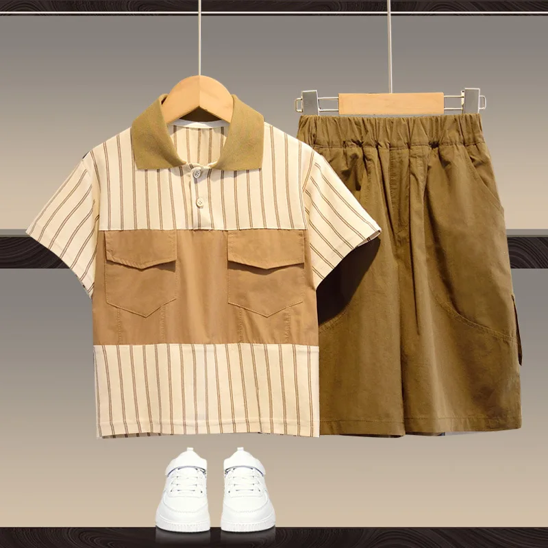 

Комплект одежды для мальчиков из 2 предметов, рубашка и штаны, новинка на лето и осень 2023, Свободные повседневные модные однотонные штаны в полоску с эластичным поясом