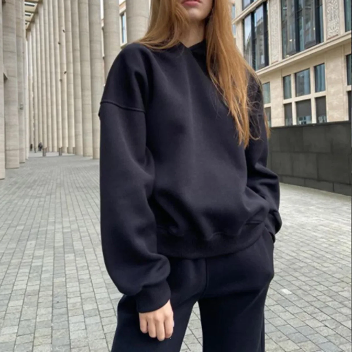 

Fashion Women Casual Fleece Hoodie Leggings 2 Piece Set Harajuku Winter Solid Color Pullover Jogging Pants Set for Women