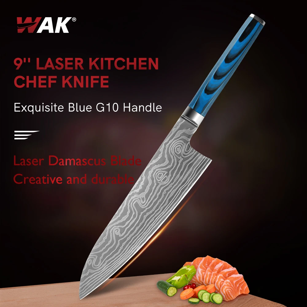 

WAK Laser Dmascus Pattern Kitchen Chef Knife Ergonomic Blue G10 Handle Kitchen Knives Vegetable Meat Fish Cutting Chef Knife