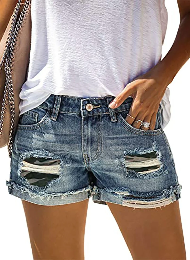 Female Fashion Casual Denim Shorts Summer New Women's Leopard Camouflage Ripped Patch Jeans Office Lady Mid Waist Straight Short