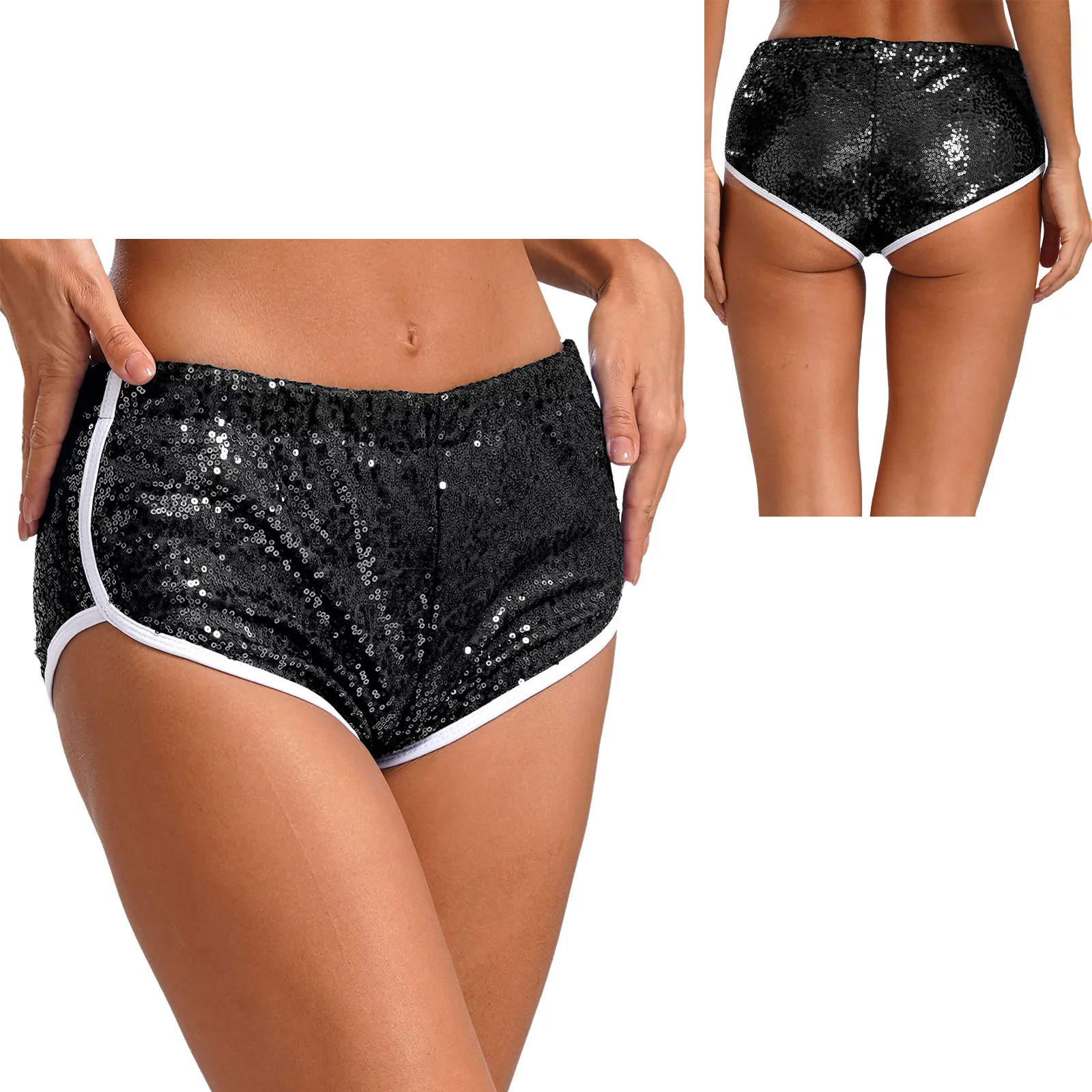 Womens Sparkly Sequin Low Rise Booty Shorts Elastic Waistband Fully Lined Cheeky Hot Pants Fancy Dancing Show Daily Chic.