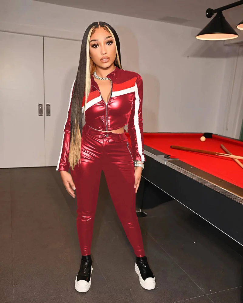 

Color Patchwork PU Leather Two Piece Set Long Sleeve Zipper Jackets Crop Top Skinny Pencil Pants Fashion Clubwear Stretchy Suits