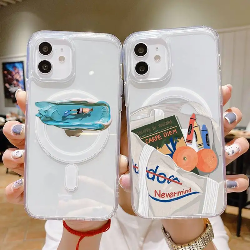 

cartoon cute couple animation Phone Case For iPhone 13 12 11 Mini Pro Max transparent Super Magnetic MagSafe Cover