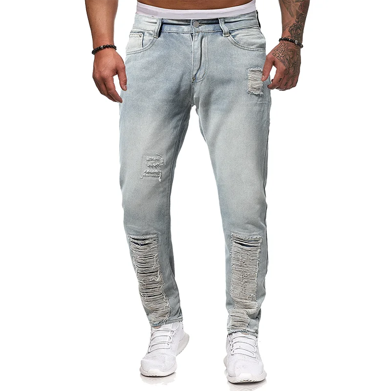 2022 Spring Fall New High Quality Men's Solid Color Mid-waist Zipper Fit Ripped Hip Hop Stretch Mens Jeans