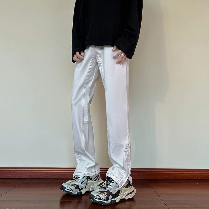 Black White Jeans Men Slim Fashion Casual Cotton Straight Jeans Men Streetwear Hip-hop Zipper Denim Pants Mens Trousers M-3XL