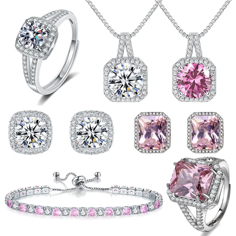 

2023 New 925 Sterling Silver Brilliant White Square Zircon Ring Earrings Necklace Bracelet Engagement Party Fashion Jewelry Gift
