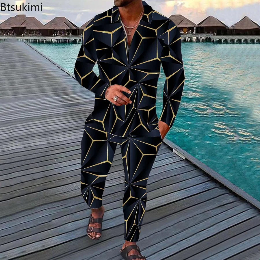 2023 Spring Autumn Men's Polo Shirt Set Long Sleeve V-neck Lapel Printing Streetwear Fashion Suits Casual Man Sets Printted Sets