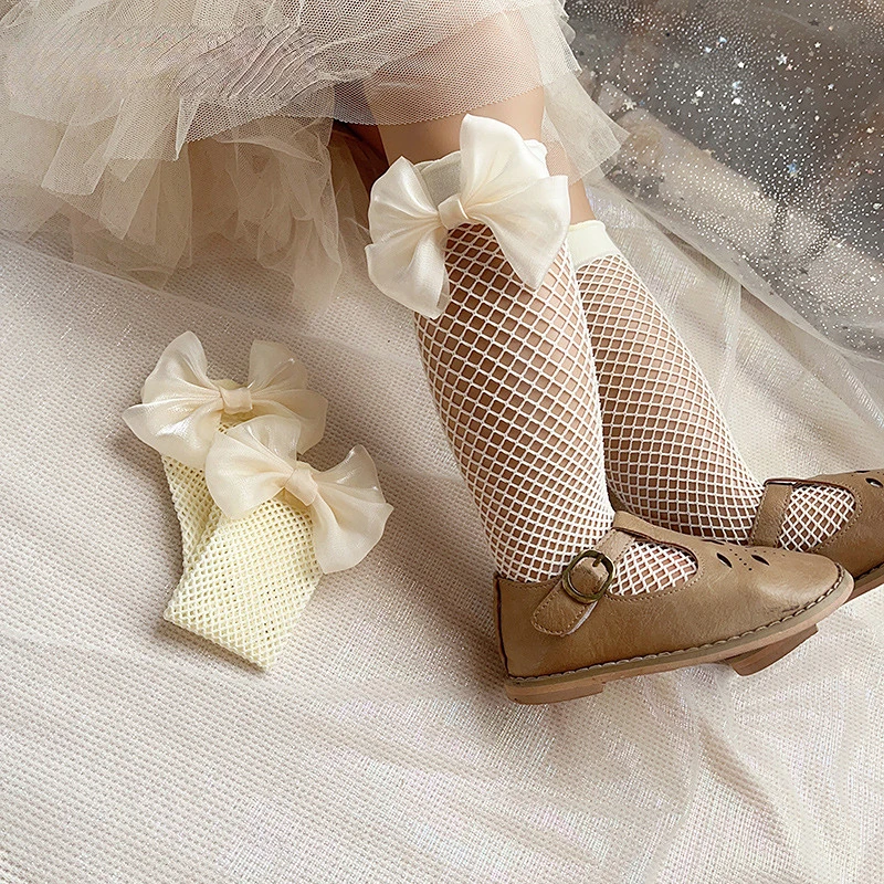 

Korean Lolita Kids Fishnet Stockings Summer Mesh Gauze Bow Middle Tube Socks Hollow Princess Parent-child Socks Baby Girls Socks