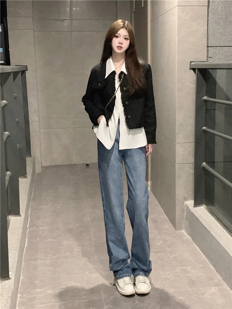 

GWW1194 Short small fragrant coat+fold polo collar long sleeve shirt+jeans Women's autumn 2022 new three piece suit