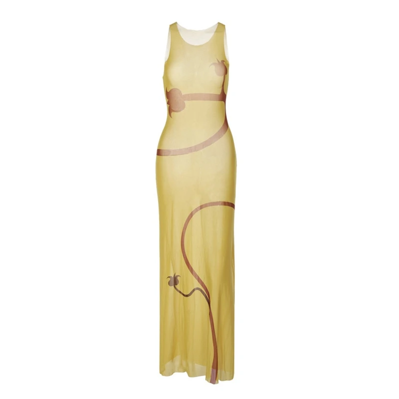 

573B Flower Print Dress Women's Yarn Boho Style Sexy Clubwear Bodycon Long Dress