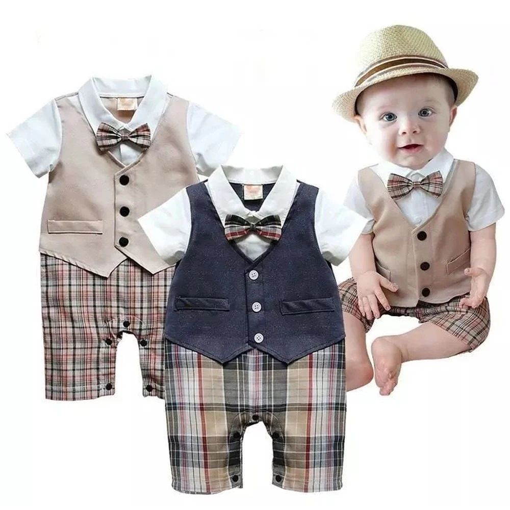 

Baby Boys Suits Children Gentleman Short Sleeve Jumpsuit Cotton Retro Romper 0-3T