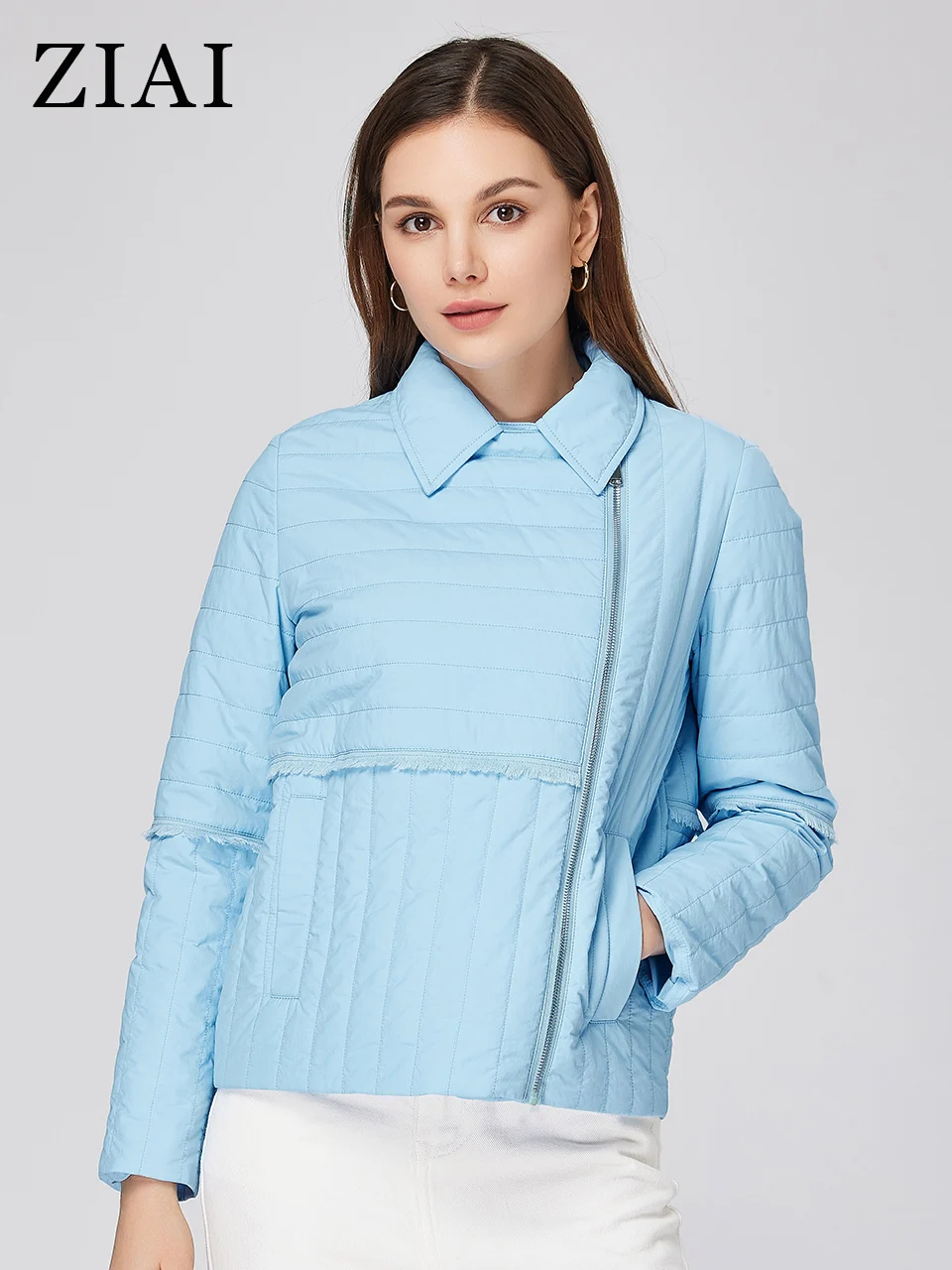 ZIAI 2023 Women's spring jacket Classic Short Large lapel Asymmetric zipper design for side fashion Thin Cotton parkas ZM-20368