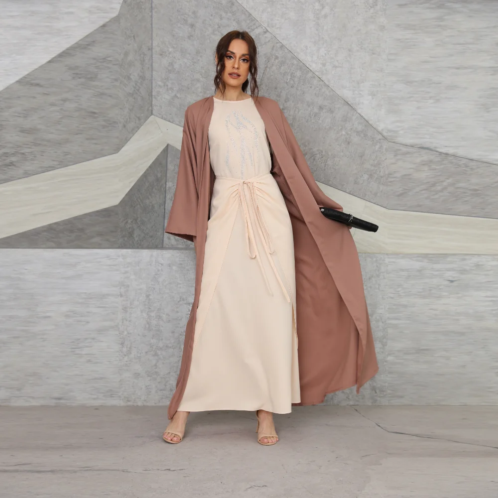 New Middle East Arab Dubai Elegant Robes Muslim Women's 3-piece Set with Belt Turkish Dresses Fashion Vestido Longo Feminino