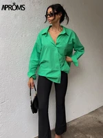 aproms chic green cotton oversized long shirts women spring 2022 solid color pocket front casual blouses long sleeve loose tops