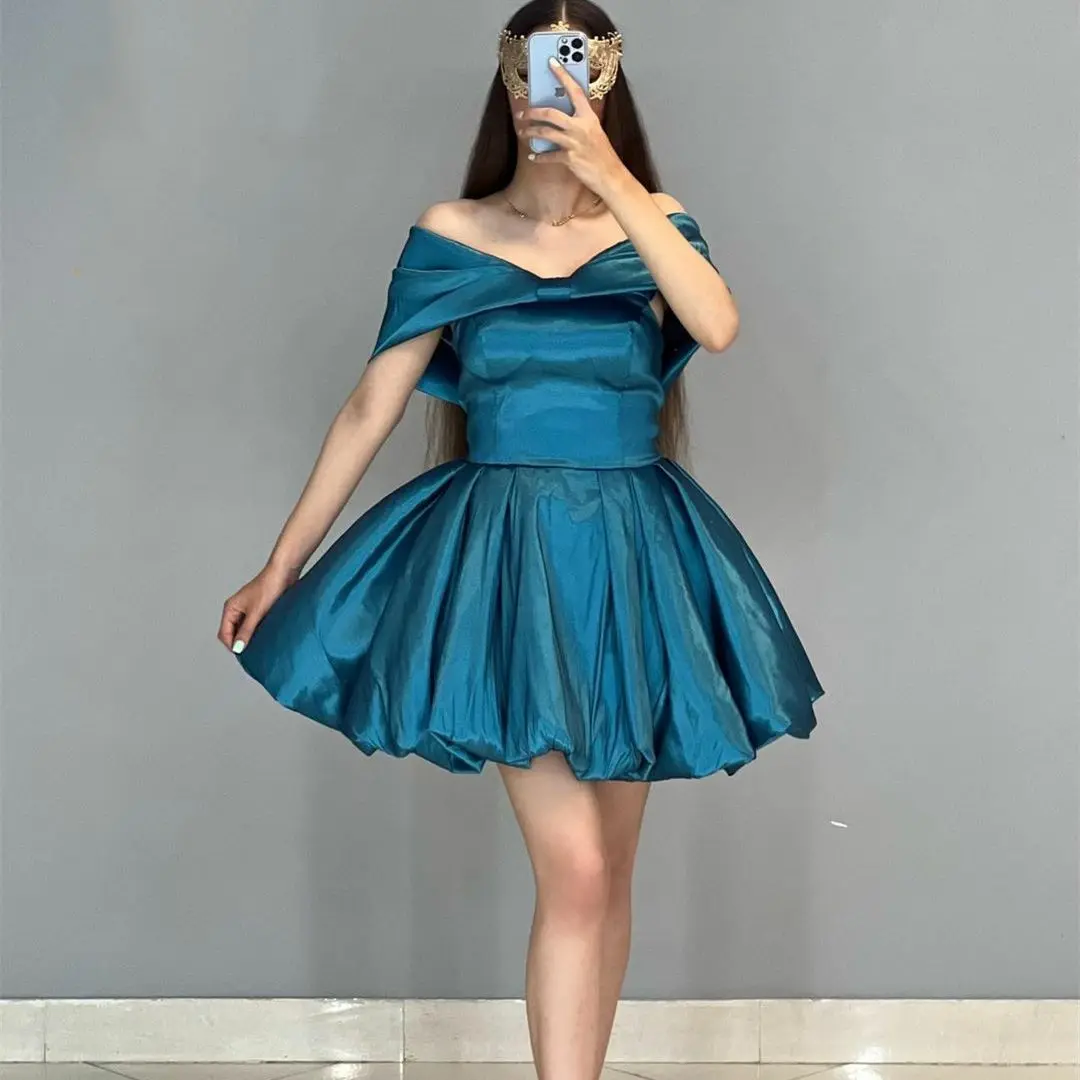 

Saudi Style Teal Taffeta Evening Dresses for Women Short فساتين نسائيه للسهرات Pleated Off the Shoulder A-Line Homecomng Dress