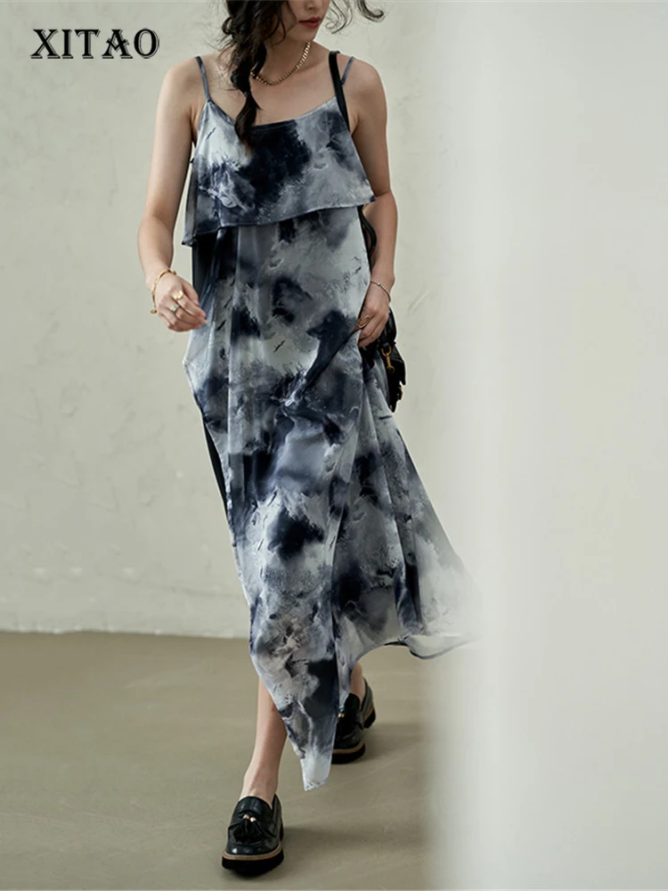 

XITAO Strapless Dress Fashion Print Pattern False Two Piece Sleeveless Loose Hem Minority Elegant Backless 2022 Dress ZY7450
