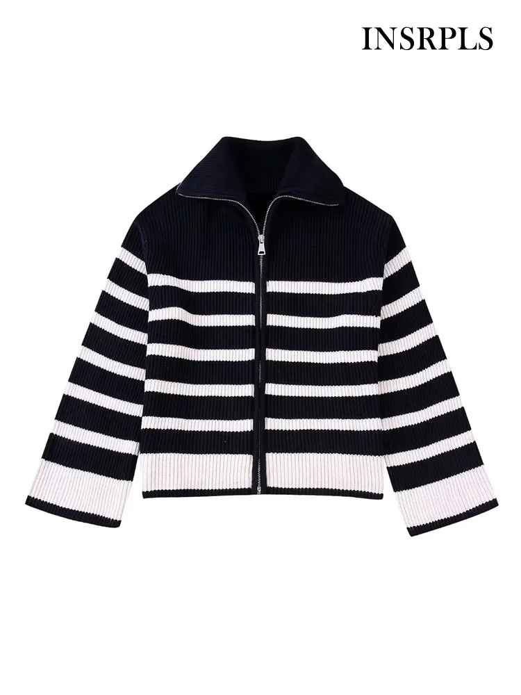 

INSRPLS Women Fashion Front Zipper Striped Knit Cardigan Sweater Vintage Lapel Collar Long Sleeve Female Outerwear Chic Tops