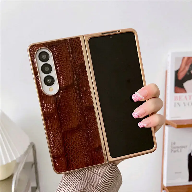 Genuine Cowhide Leather Retro Case for Samsung Galaxy Z Fold 4 Fold4 Glossy Frame Vintage Crcodile Ostrich Grain Splicing Cover