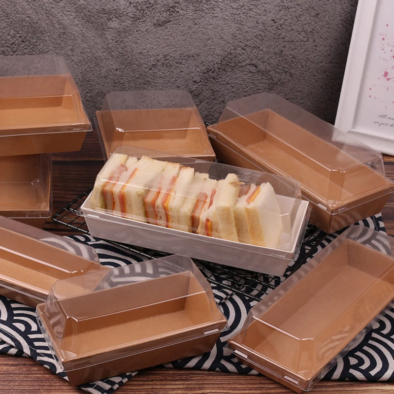 

10pcs Snack Bakery Kraft Paper Box With Plastic Clear Lids Rectangular/Square Sandwich Wrapping Boxes Cake Bread