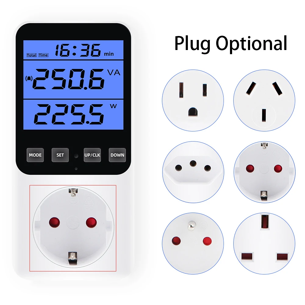 

Измеритель мощности переменного тока, розетка 220 В, цифровой ЖК-дисплей, ваттметр, вольтметр, потребление, счетчик энергии, кВтч и дисплей стоимости, ЕС, США, Великобритания, AU FR BR