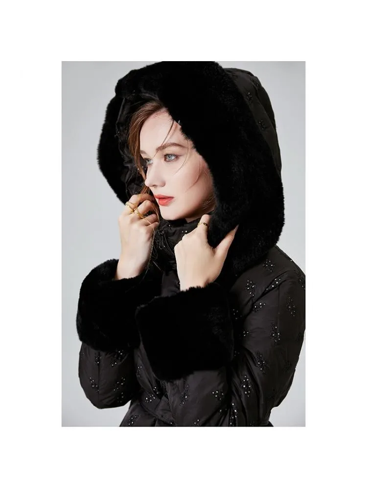 High-End Fashion 2022 Winter New Hooded Thicked Long Bread Clothing Jackets Black Natural Rabbit Fur Collar 90 White Down Coats