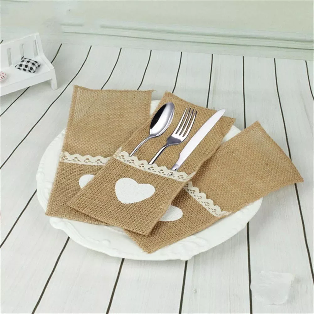 

Burlap Lace Cutlery Pouch Rustic Wedding Cookware Knife Fork Holder Bag Hessian Jute Napkins Table Decor for Party Birthday