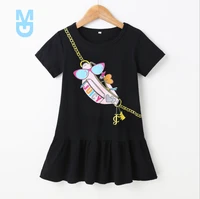 new stylish girls sweet short sleeved dress personality chest bag printing round neck pleated children princess dress for summer