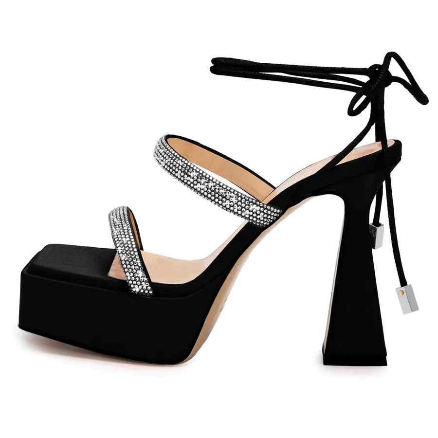 

Square Toe Platform Ankle Lace-Up Sandals Women High Heels Rhinestones Strappy Spike Heel Shoes Dress Footware Large Size 43