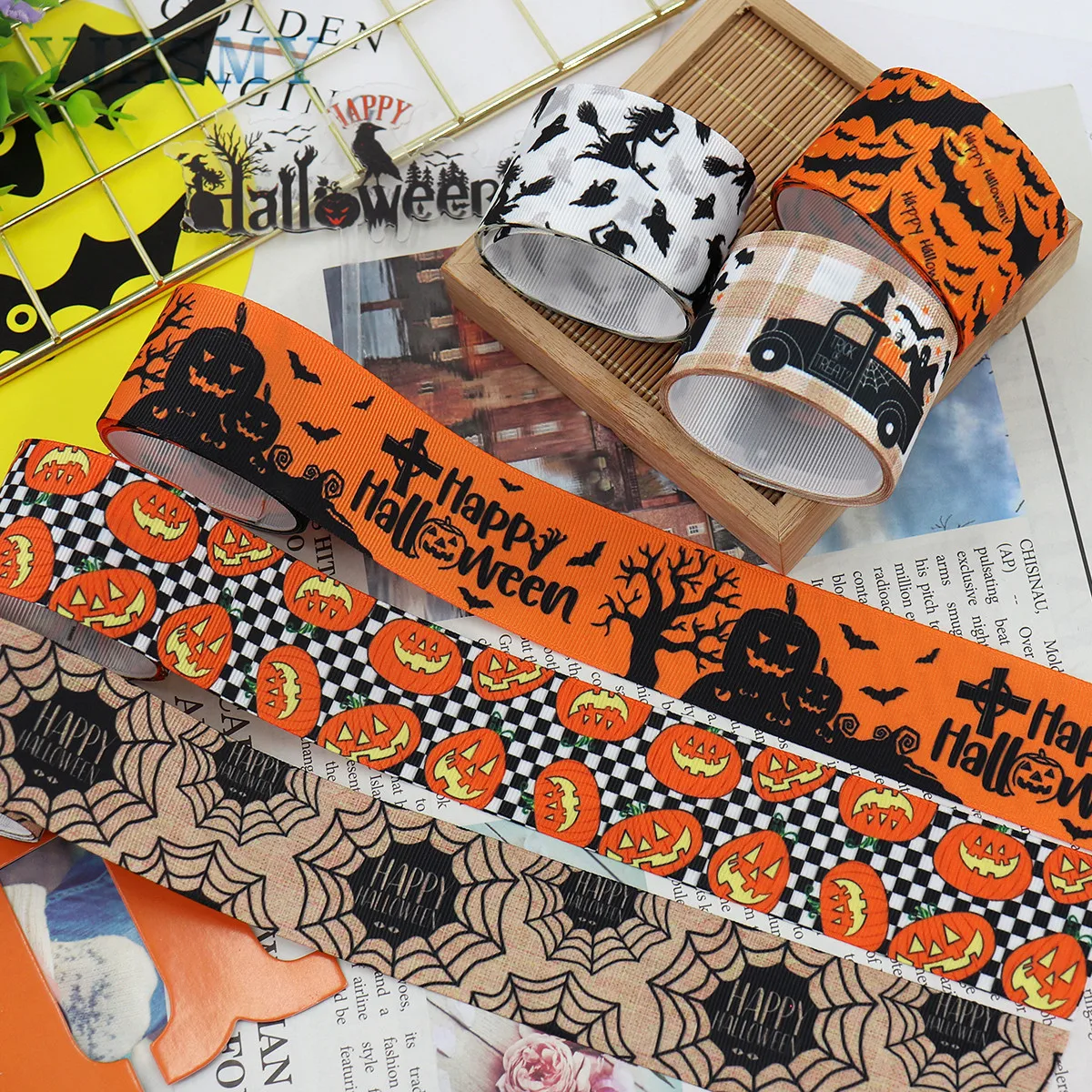 1.5 inch X 5 Yds Halloween Grosgrain Ribbons Pumpkin Ghost Bat Spiderweb Hats Skull Printed Ribbons Halloween Polyester Ribbon