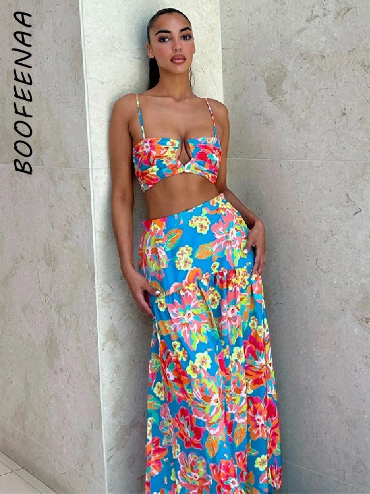 

Пикантный комплект BOOFEENAA из двух предметов, макси-юбка и топ, пляжная одежда для отдыха, одежда для загара, летние платья с цветочным принтом ...