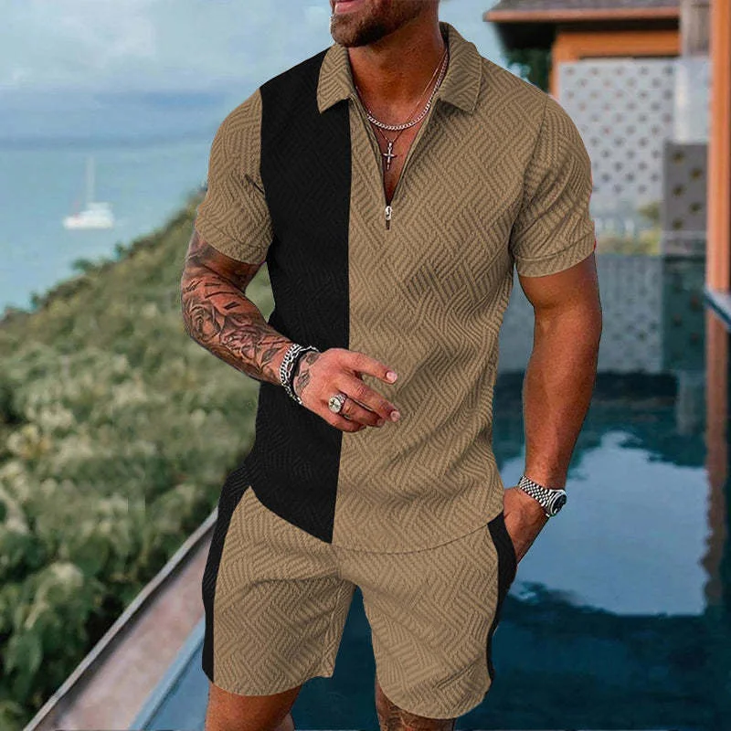 2023 Summer Tracksuit Sets Zipper Polo Shirt Oversized 2 Piece Suits For Men Business Casual Print Breathable Fashion Men Set